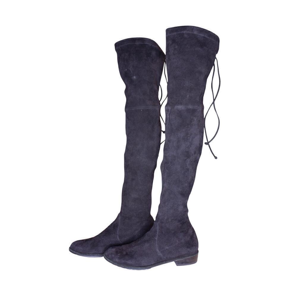 Stuart Weitzman Over the Knee Black Suede Boots Stretch Flats Size 7M